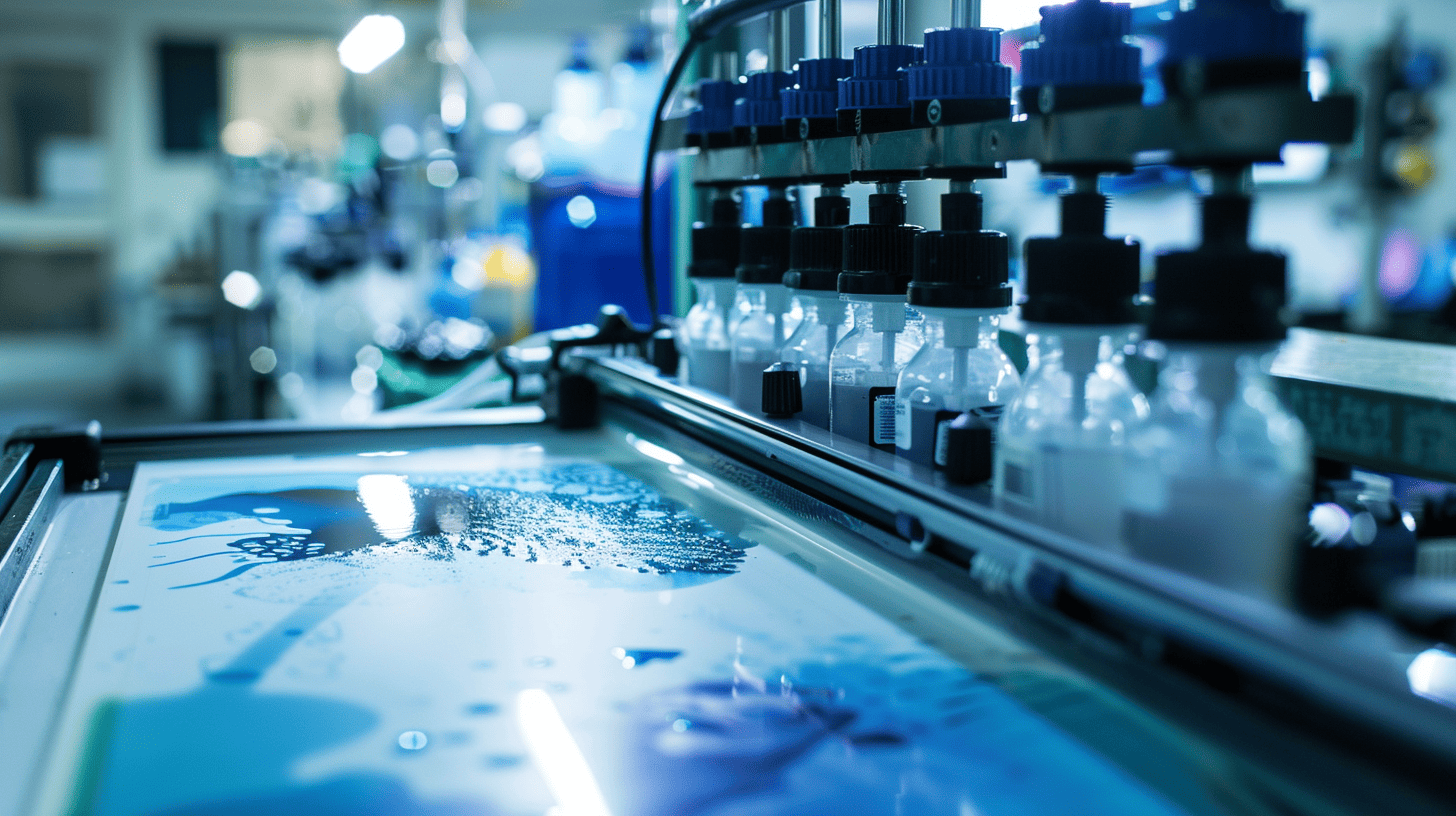 Many bottles of ink on the printing table
