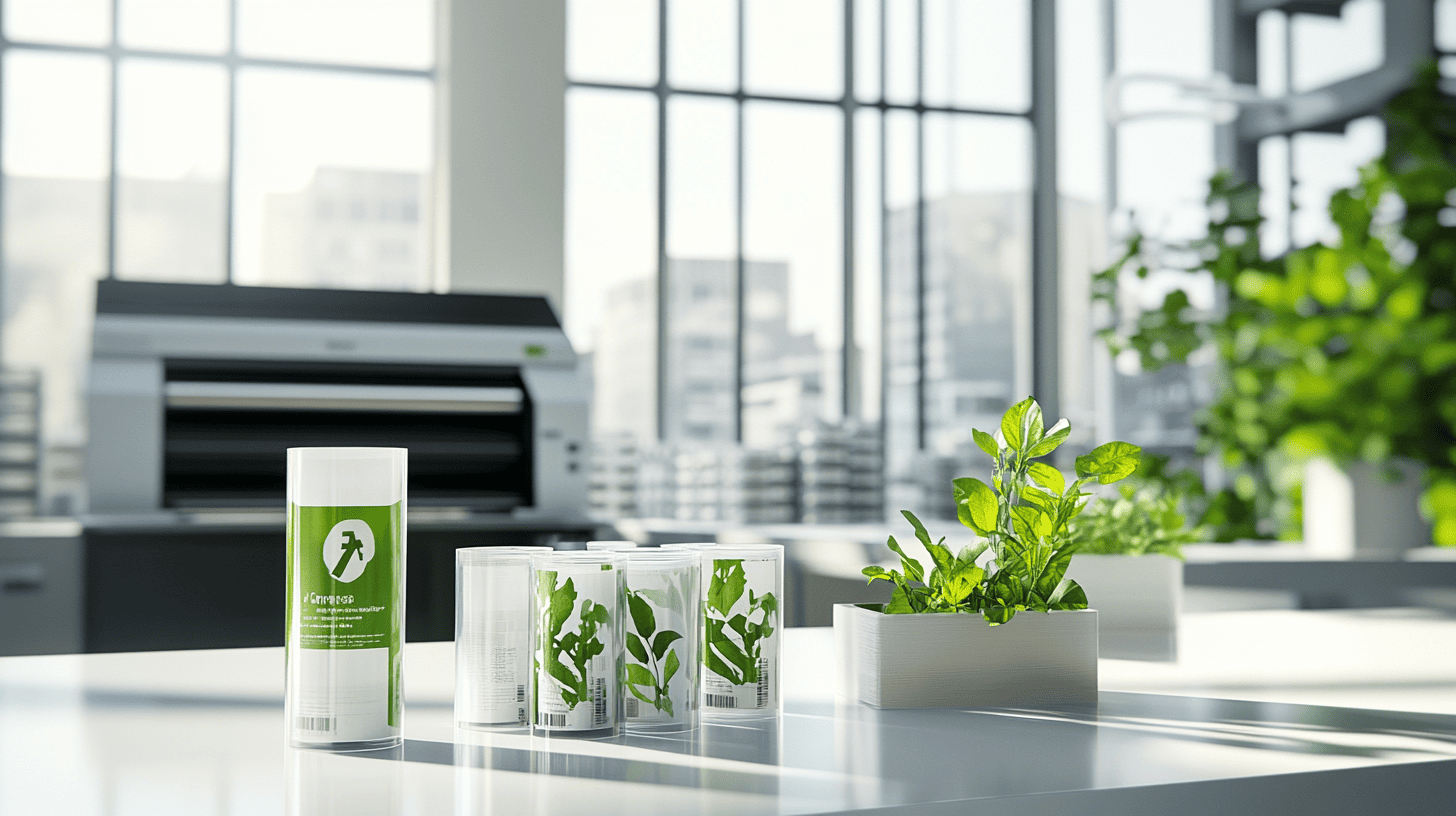 A graphic showing icons for different ink types and an environmental leaf symbol over a roll of inkjet film