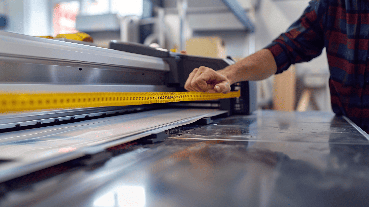 a measuring tape showing the width of a printer's feed tray