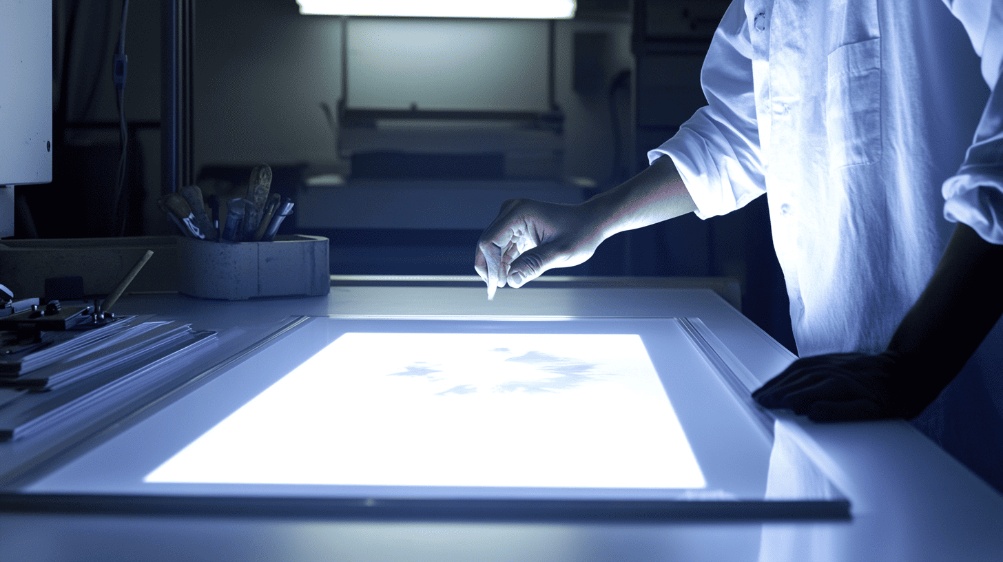 A person inspecting film on a light table in a dim studio