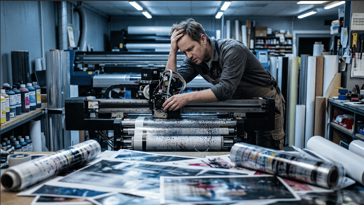 a worker is frustrating with the inkjet printing 