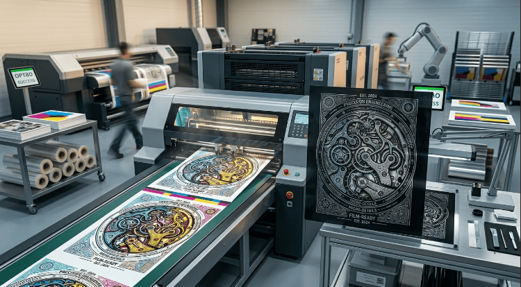a modern printing press running a high-detail job with a high-density film positive nearby