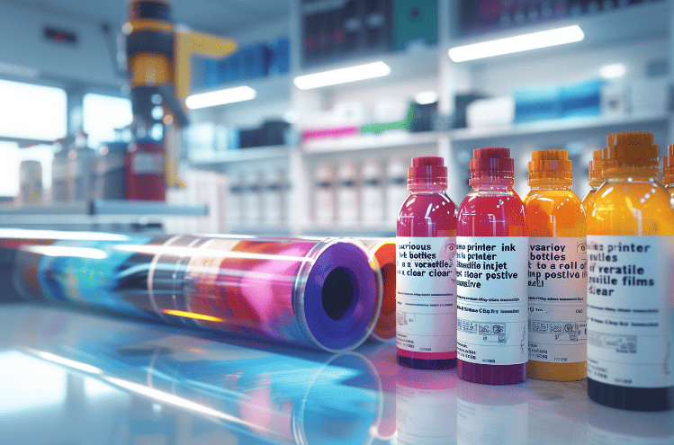 various printer ink bottles next to a roll of versatile inkjet film