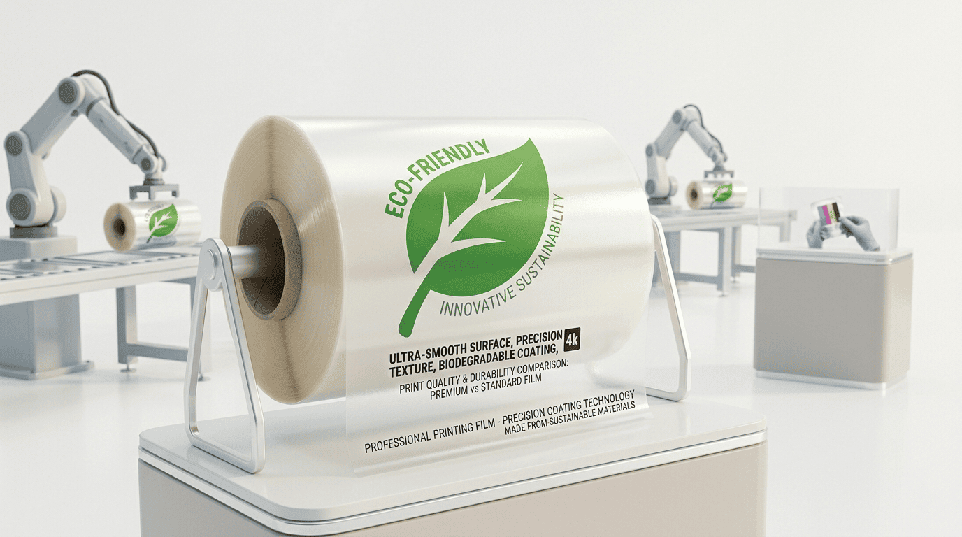 a green leaf icon on a roll of eco-friendly inkjet film